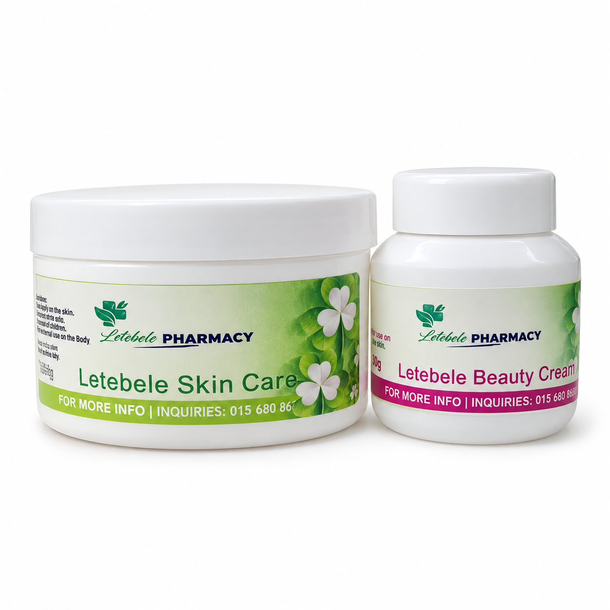 Letebele Skin Care tub and Letebele Beauty Cream container on a white background.
